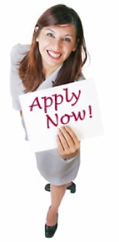 Photo of woman with apply now sign